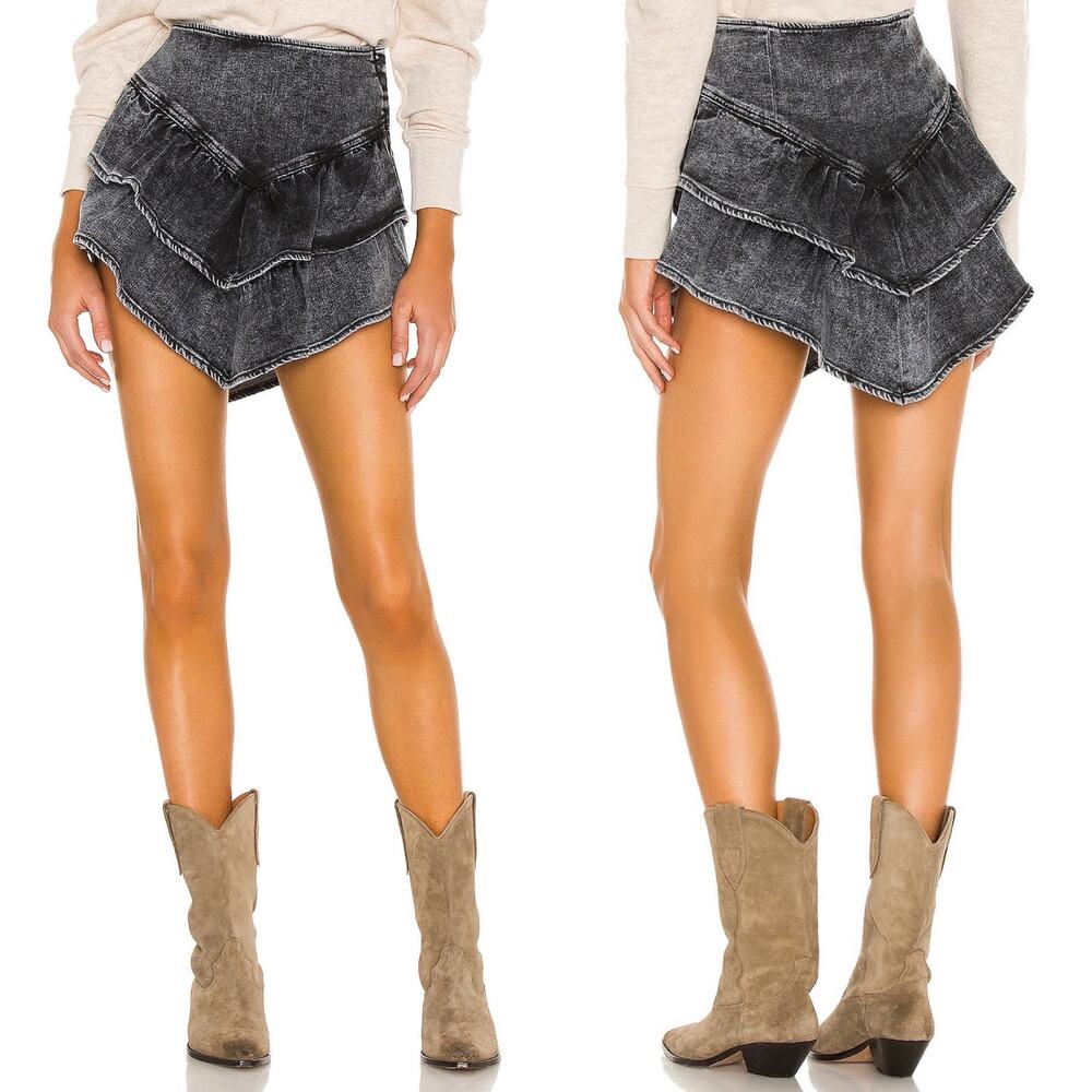 MOTHER The Ruffle Denim Mini Skirt Black Wash Train Stops Size 26